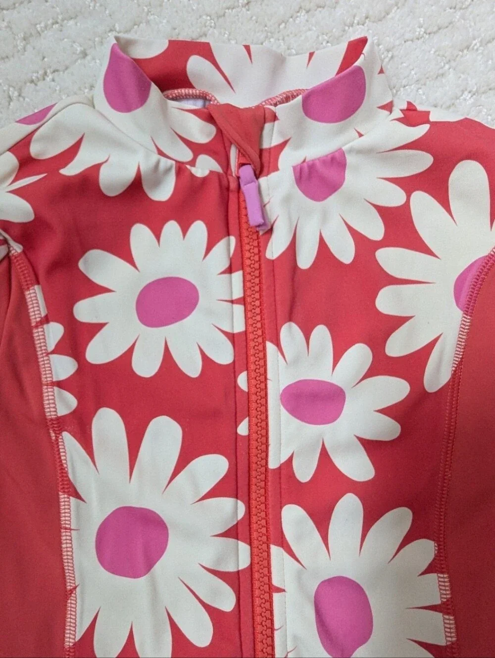Mini Boden Kids Long Sleeve Rash Guard One-Piece Swimsuit - Coral Pink Daisy